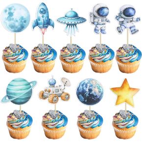 Gyufise 36pcs الفضاء فضاء رائد الفضاء كب كيك Topcake Planet الصواريخ الصواريخ رحلة إلى القمر كب كيك تختار للفضاء الخارجي استحمام الطفل الجنس الكشف