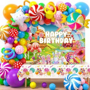 WinRayk 134pcs Candyland Party Decorations عيد ميلاد اللوازم Candyland Balloon Arch Backdrop tableloth Star Lollipop Phoil Baloons Girl Boy Christmas Sweet Sweety Pridty Party Decorts