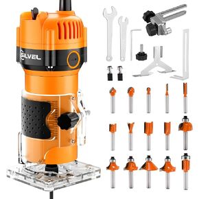 SILVEL Wood Router, 800W Wood Routers for Woodworking, 6.5Amp 1.25HP Hand Wood Router Tool, 30000R/MIN Compact Edge Trimmer with 15 1/4" Router Bit Set, Orange
