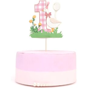 Pink Goose Cake Topper for Girls- Year First Cake Smash Decorations ، Pink Gingham One Goose Cake Picks ، Baby Girls 1 Year Animal Cake Photo Props
