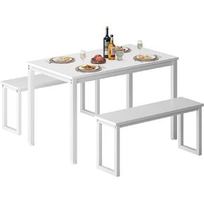 SogesGame 3 Piece Dining Table Set with Benches, 39.4" Dining Table Set for 4 Solid Wood Tabletop & Heavy Duty Steel Frame, Space-Saving Design with Adjustable Feet, Industrial Brown