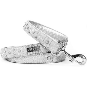Signature Diamond Name Plate Leatherette Leash - M/L Silver MD-LG