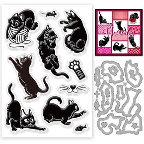 INFUNLY Cat Clear Stamps and Die Cut Cartoon Kitty Rubber Stamps Metal Die Stencil Funny Kittens Silicone Stamp and Cutting Die 6.2x4.3 inch for DIY Photo Paper Album Decor