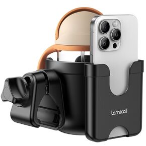 Lamicall Stroller Cup Holder with Phone Holder - Stable Anti-Slip Stroller Cup Holder Attachment for Uppababy, Nuna, Doona, 360° Rotatable Stroller Accessories for Walker, Wheelchair, Bike, Scooter
