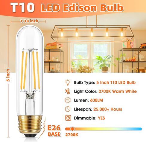 GGOYING Dimmable E26 LED Bulb 60W Equivalent, Daylight White 5000K Clear E26 Edison Bulbs 600LM, T10 Tubular LED Bulb for Rustic Pendant, Chandelier, Wall Sconce, Pack of 12 in Saudi Arabia