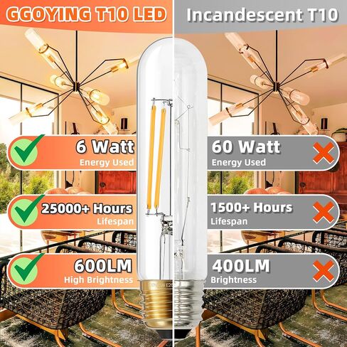GGOYING Dimmable E26 LED Bulb 60W Equivalent, Daylight White 5000K Clear E26 Edison Bulbs 600LM, T10 Tubular LED Bulb for Rustic Pendant, Chandelier, Wall Sconce, Pack of 12 in Saudi Arabia