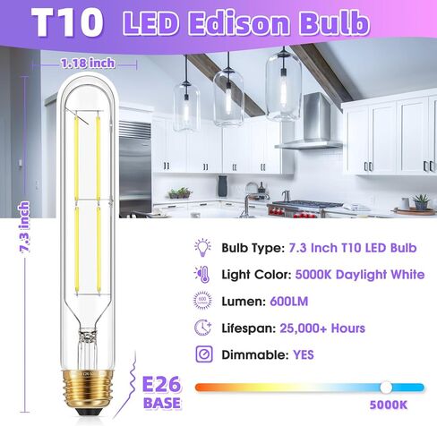 GGOYING Dimmable E26 LED Bulb 60W Equivalent, Daylight White 5000K Clear E26 Edison Bulbs 600LM, T10 Tubular LED Bulb for Rustic Pendant, Chandelier, Wall Sconce, Pack of 12 in Saudi Arabia