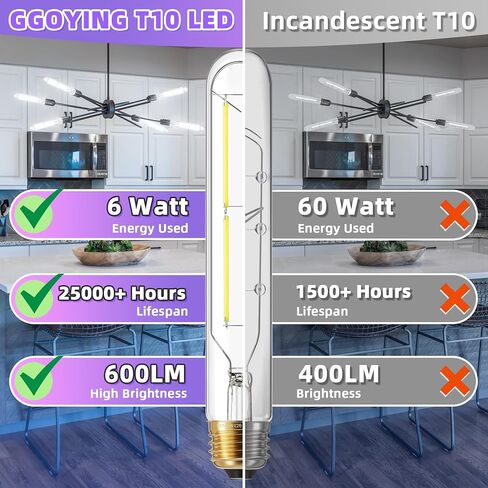 GGOYING Dimmable E26 LED Bulb 60W Equivalent, Daylight White 5000K Clear E26 Edison Bulbs 600LM, T10 Tubular LED Bulb for Rustic Pendant, Chandelier, Wall Sconce, Pack of 12 in Saudi Arabia
