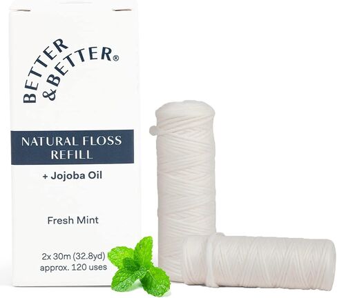 Better & Better Natural Floss Family Pack | Waxed & Zero Plastic Oral Care - 100% Plant-Based, Vegan, Eco and Non Toxic Dental Floss in Glass Jar & 2 Spools in Saudi Arabia