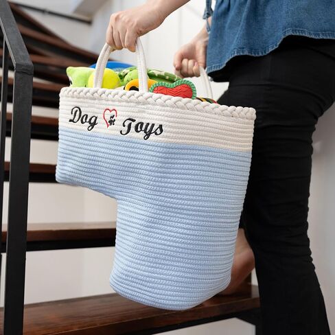 Dog Toys Basket for Stairs, Embroidered Cotton Rope, Collapsible, Sturdy Handles (Blue) in Saudi Arabia
