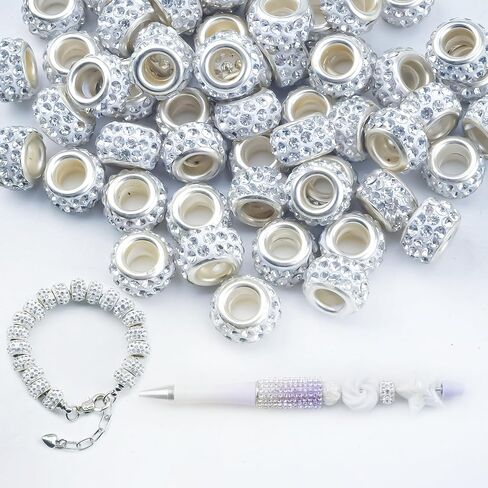 100pcs 11mm Large Hole Rhinestone Spacer Beads for Jewelry Making, DIY Crafts, Beadable Pens - Sparkly European Crystal Bulk Beads with Storage Case (White) in Kuwait
