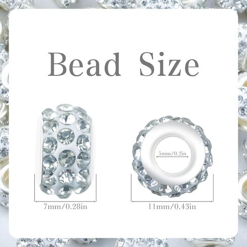 100pcs 11mm Large Hole Rhinestone Spacer Beads for Jewelry Making, DIY Crafts, Beadable Pens - Sparkly European Crystal Bulk Beads with Storage Case (White) in Kuwait
