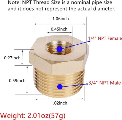 2PCS 1 NPT Male To 3/4 NPT Female Reducing Bushing Brass Pipe Fitting Reducer Adapter (1 NPT Male x 3/4 NPT Female) in Kuwait