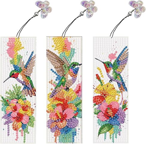 3Pcs DIY Diamond Art Painting Bookmarks with Colorful Butterfly Pendant PET Bookmark Ornament Double Sided Pattern Single Sided Diamond Book Marker Clip Gifts Tags-Flower Hummingbird in Kuwait