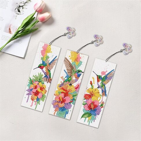 3Pcs DIY Diamond Art Painting Bookmarks with Colorful Butterfly Pendant PET Bookmark Ornament Double Sided Pattern Single Sided Diamond Book Marker Clip Gifts Tags-Flower Hummingbird in Kuwait