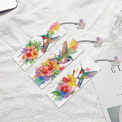 3Pcs DIY Diamond Art Painting Bookmarks with Colorful Butterfly Pendant PET Bookmark Ornament Double Sided Pattern Single Sided Diamond Book Marker Clip Gifts Tags-Flower Hummingbird in Kuwait