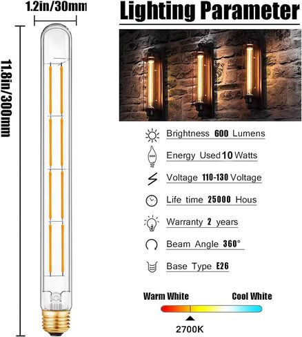 XININSUN T300 Led Bulb, 11.8 Inch Long Tubular Led Light Bulbs, 100Watt Equivalent, 1000lm, Dimmable, Clear Glass, E26 10W T10 LED Edison Tube Lamp Bulb,4 Pack. (6W=60W 3000K) in Kuwait