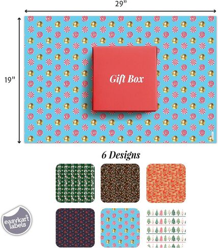 easykart labels Christmas Wrapping Paper Sheet - 12 Sheets, 6 Holiday Theme Design Folded Flat for Holiday, Party Celebration - 19.5 Inch X 29.5 Inch Per Sheet in Saudi Arabia