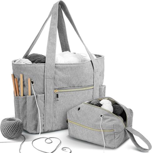 2 Pcs Crochet Bag and Tote Set Corduroy Yarn Bag Crochet Tote Bag for Crochet Hooks Organizer Yarn Holder for Christmas Gift Crochet Lovers Knitting Bag Crochet Accessories (Classic Style) in Kuwait