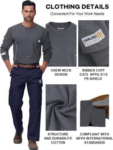 VANLENS FR Shirts for Men CAT2/HRC2 6.5oz Lightweight Fire Resistant Shirts for Men Long Sleeve Crewneck T-Shirt in Kuwait