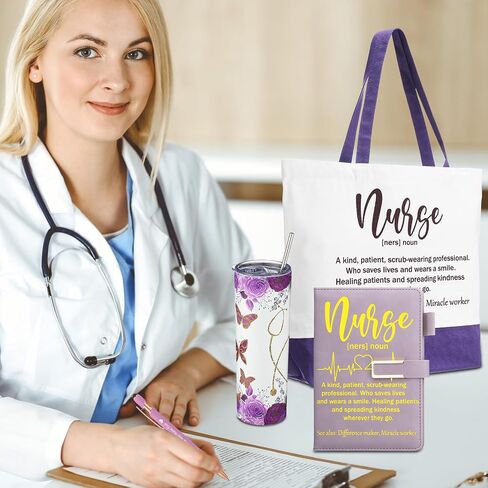 Pickmesh Nurse Week Gifts Set for Women Nurse Appreciation Gift Bulk Thank You Cna Gifts Set Include A5 Leather Journal, Ballpoints with Stylus Tip, 20oz Tumbler, Canvas Tote(Purple) in Kuwait