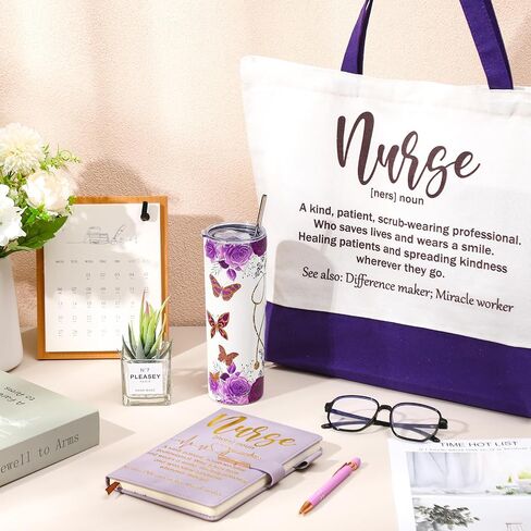 Pickmesh Nurse Week Gifts Set for Women Nurse Appreciation Gift Bulk Thank You Cna Gifts Set Include A5 Leather Journal, Ballpoints with Stylus Tip, 20oz Tumbler, Canvas Tote(Purple) in Kuwait