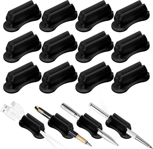 12 Pcs Adhesive Pen Holder for Desk, Silicone Marker Holder, Reusable Pencil Holders Universal Pencil Clip Classroom Office Desk Accessories for Teacher Supplies Office Essentials (Black) in Saudi Arabia