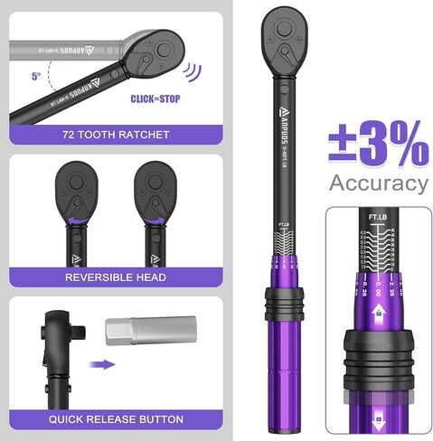 1/2 Inch Drive Click Torque Wrench,10-170 Ft-Lb/13.6-230.5 Nm,Dual direction Adjustable Torque Wrench with Dual Range Scales, 72 Tooth, ±3% High Precision Torque Wrench for Moto,Car Maintenance in Kuwait