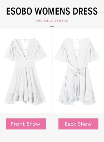 فستان نسائي صيفي من Esobo برقبة على شكل حرف v وأكمام قصيرة متوهج بلون سادة وحاشية مكشكشة غير رسمية فستان متزلج صغير in Kuwait