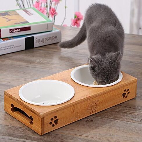 Creation Core Solid Bamboo Elevated Pet Dinner Feeder for Small Dogs and Cats Raised Stand with Three Ceramic Bowls in Saudi Arabia