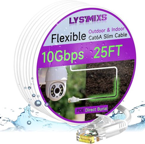 Cat6a Slim Ethernet Patch Cable 75ft Outdoor & Indoor, Flexible 10G Cat6 Internet Network Cable Waterproof Direct Burial LLDPE UV Jacket, Pure Copper Cat 6 Ethernet Cable for POE Camera, White in Kuwait
