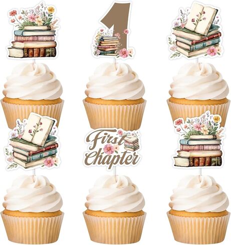 Cheereveal 24Pcs Retro Storybook Cupcake Toppers, Storybook 1st Birthday Cupcake Picks, First Chapter Book Club Themed 1st Bday Baby Shower Decorations Supplies in Saudi Arabia