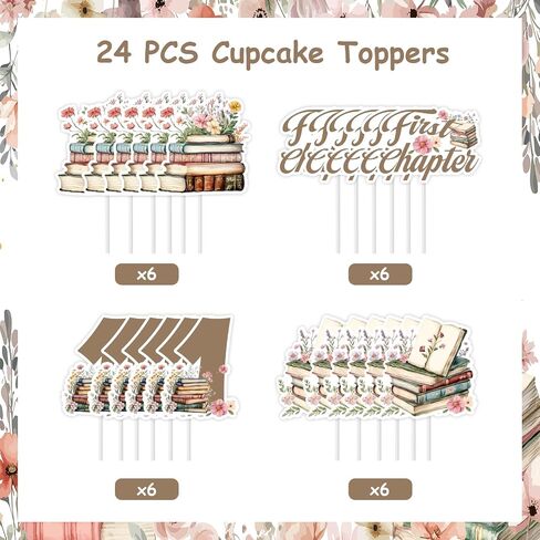 Cheereveal 24Pcs Retro Storybook Cupcake Toppers, Storybook 1st Birthday Cupcake Picks, First Chapter Book Club Themed 1st Bday Baby Shower Decorations Supplies in Saudi Arabia