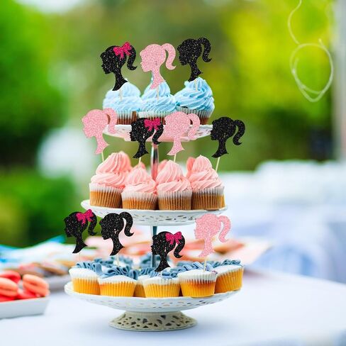 ephlyn 24pcs فتاة عيد ميلاد كب كيك أعلى الأقطار الأسود اللامع اللمعان الأميرة دمية كب كيك تختار الأميرة فتاة الكعكة ديكورات للاستحمام الزفاف اللوازم حفلة عيد ميلاد الزفاف in Kuwait