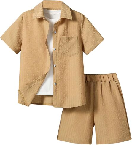Boy's 2 Piece Outfits Textured Short Sleeve Button Down Shirt and Shorts Clothing Set in Saudi Arabia