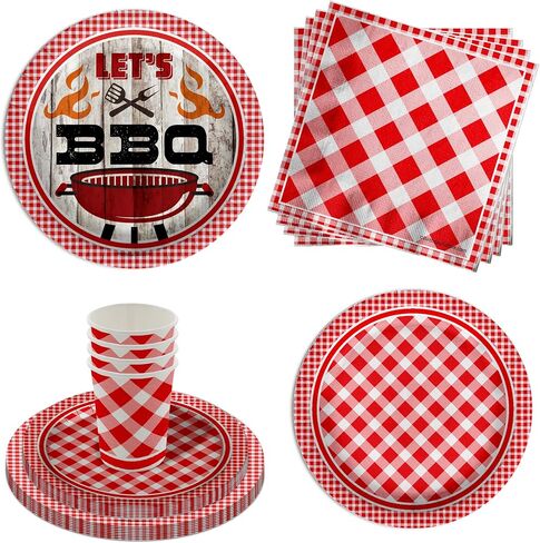 Let's BBQ Red Gingham Birthday Party Supplies - 64 Piece Summer Barbeque Picnic Tableware Set Includes Large 9" Dinner Plates and 8" Dessert Paper Plates Napkins Cups - Kit for 16 in Saudi Arabia