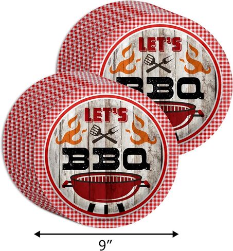 Let's BBQ Red Gingham Birthday Party Supplies - 64 Piece Summer Barbeque Picnic Tableware Set Includes Large 9" Dinner Plates and 8" Dessert Paper Plates Napkins Cups - Kit for 16 in Saudi Arabia