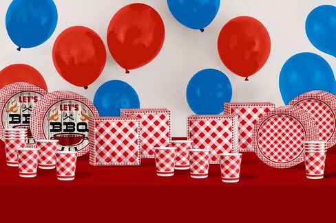 Let's BBQ Red Gingham Birthday Party Supplies - 64 Piece Summer Barbeque Picnic Tableware Set Includes Large 9" Dinner Plates and 8" Dessert Paper Plates Napkins Cups - Kit for 16 in Saudi Arabia