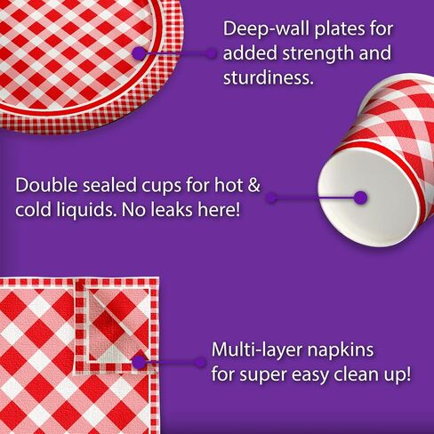 Let's BBQ Red Gingham Birthday Party Supplies - 64 Piece Summer Barbeque Picnic Tableware Set Includes Large 9" Dinner Plates and 8" Dessert Paper Plates Napkins Cups - Kit for 16 in Saudi Arabia