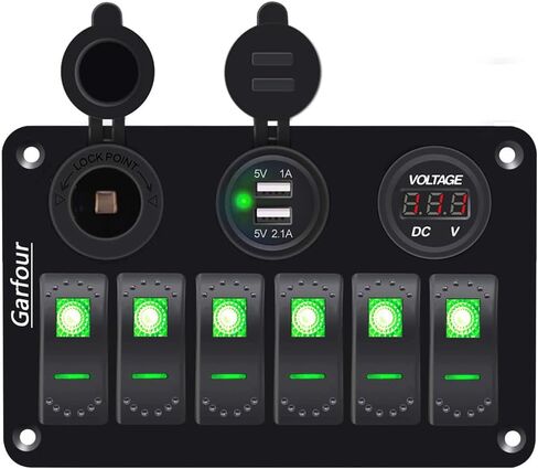 6 Red Gang Marine Rocker Switch Panel Waterproof 12 Volt Boat Toggle Switch Panel 12V Blue LED Lighted with USB Cigarette Lighter Socket Voltmeter for Boat Car RV UTV in Kuwait