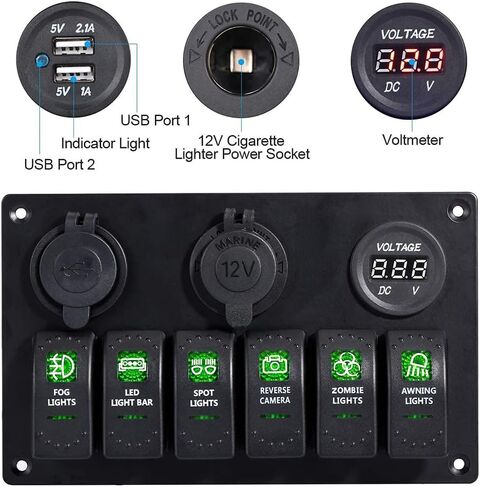 6 Red Gang Marine Rocker Switch Panel Waterproof 12 Volt Boat Toggle Switch Panel 12V Blue LED Lighted with USB Cigarette Lighter Socket Voltmeter for Boat Car RV UTV in Kuwait