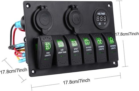 6 Red Gang Marine Rocker Switch Panel Waterproof 12 Volt Boat Toggle Switch Panel 12V Blue LED Lighted with USB Cigarette Lighter Socket Voltmeter for Boat Car RV UTV in Kuwait
