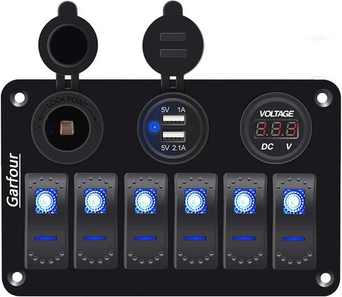 6 Red Gang Marine Rocker Switch Panel Waterproof 12 Volt Boat Toggle Switch Panel 12V Blue LED Lighted with USB Cigarette Lighter Socket Voltmeter for Boat Car RV UTV in Kuwait