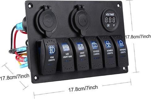 6 Red Gang Marine Rocker Switch Panel Waterproof 12 Volt Boat Toggle Switch Panel 12V Blue LED Lighted with USB Cigarette Lighter Socket Voltmeter for Boat Car RV UTV in Kuwait
