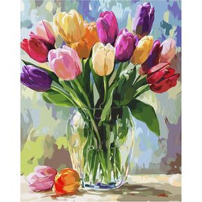 Paint by Numbers Peonies, Peonies in Glass Vase Paint by Number for Adults Beginner on Canvas, Pink Flowers Acrylic Oil Painting Kit, Home Wall Decor - Floral Plants(16x20inch, No Frame)