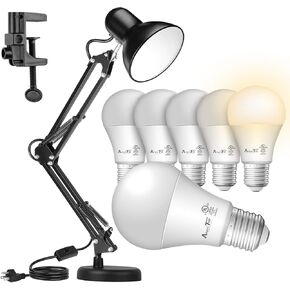Ameritop Bundle - مصباح مكتب معدني أسود و 6 حزمة 3000K أبيض دافئ A19 مصابيح LED LED ؛ قابلة للتعديل مصباح طاولة ذراع الأرجوحة الأرجواني مع قاعدة أو مشبك قابلة للتبديل