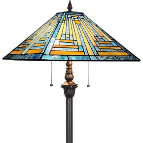 Tiffany Floor Lamp Mission Style Blue Stained Glass Floor Light for Reading Antique 16" Double Light Standing Lamp for Living Room Bedroom Home Office