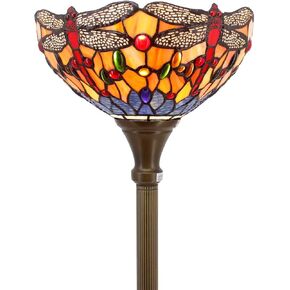 WERFACTORY Tiffany Floor Lamp Orange Blue Stained Glass Dragonfly Light 12X12X66 Inches Torchiere Standing Corner Torch Uplight Decor Bedroom Living Room Home Office S168 Series
