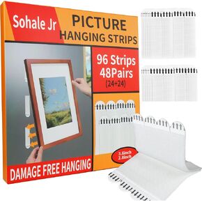 96 Packs Picture Hanging Strips 3.6 inch and 2.8 inch Heavy Duty Picture Hanger Kit Removable Damage Free Picture Hanging Hooks 48 Pairs White
