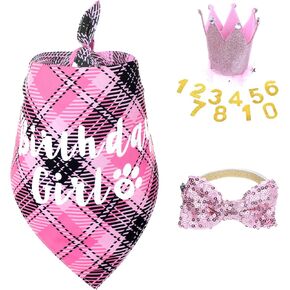 Dog Birthday Outfit - Birthday Hat Crown with Numbers, Dogs Bandanas Girl, and Bow Tie Pink Girl Dog Birthday Dogs Birthday Party Supplies for Medium Small Pets Puppy Birthday Girl (Pink)